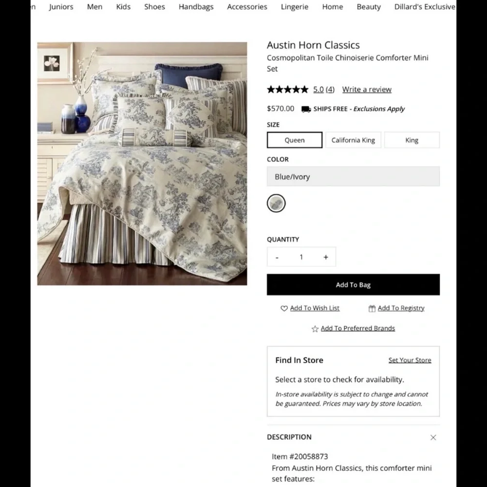 Austin Horn Blue and Cream Toile & Stripe Comforter Set